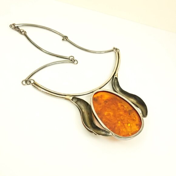 Giant Amber Link Necklace Set In 925 Silver - One-Of-A-Kind Artisan Jewelry - Picture 13 of 14